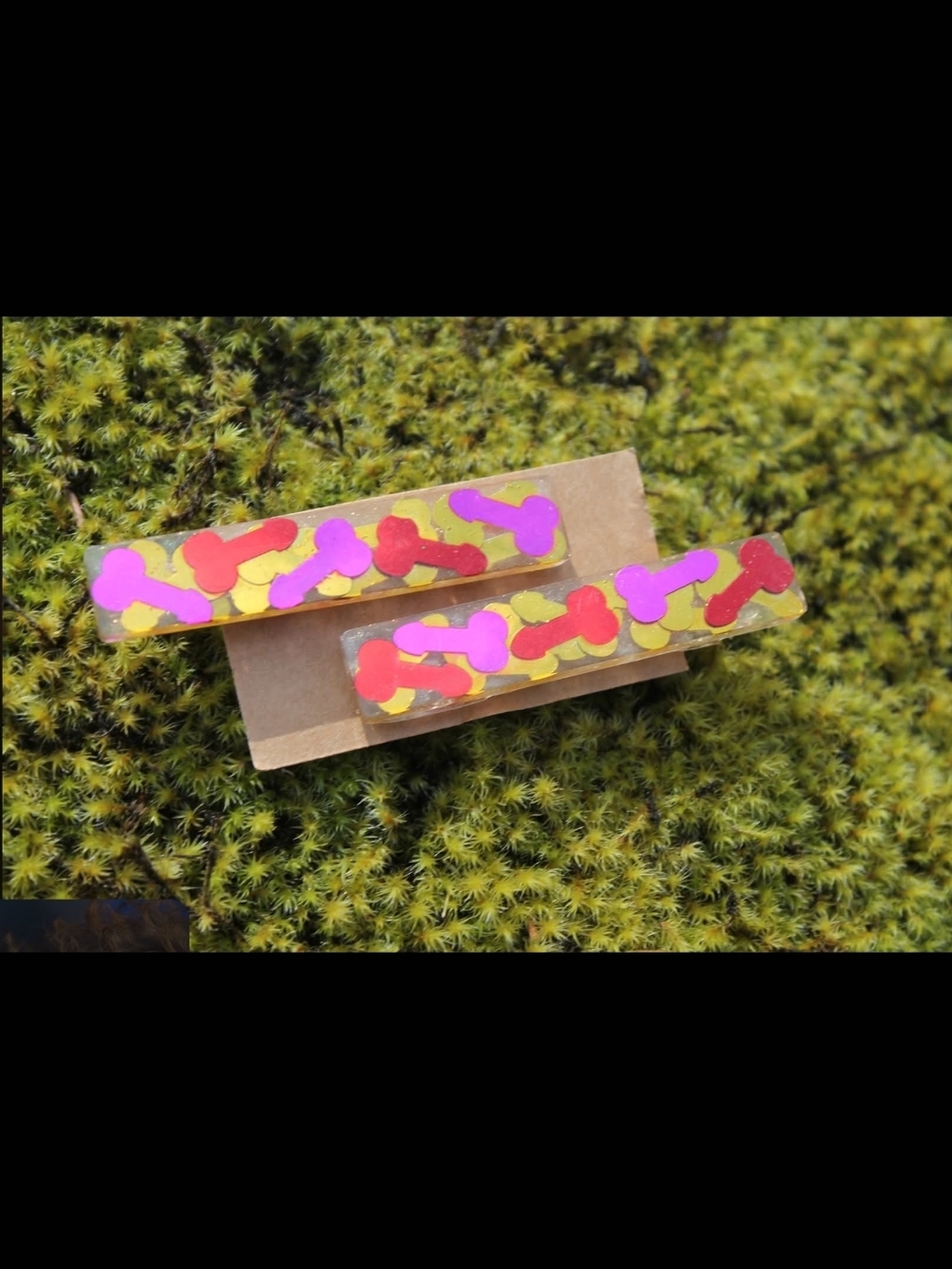 Hand Crafted Yellow Resin Hair Clips with Pink and Red Confetti